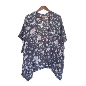 LOFT Floral Kimono Wrap Cardigan Gray Pink Sage Green Rayon XS/S